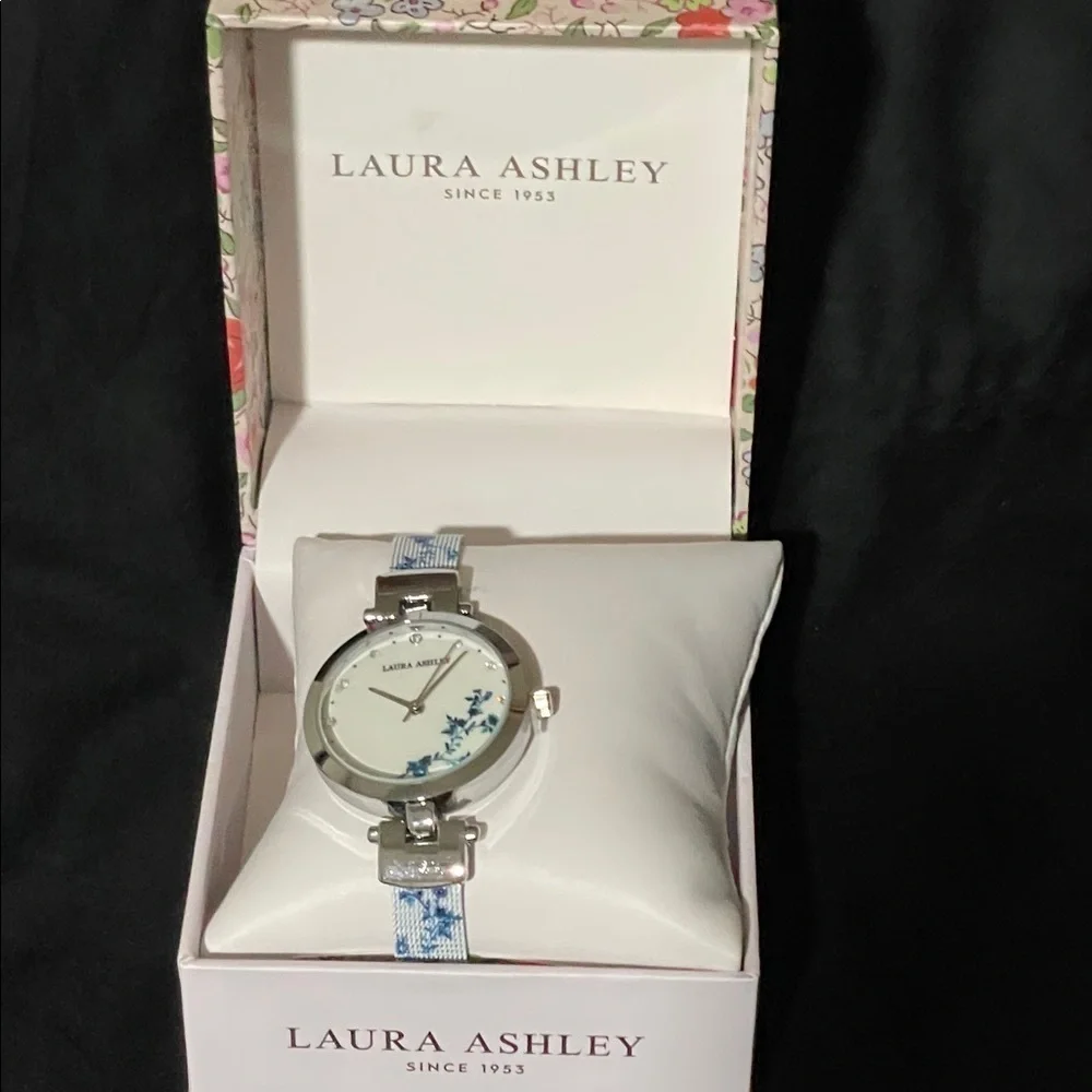 NEW Laura Ashley Silver Watch with Blue Floral Accents